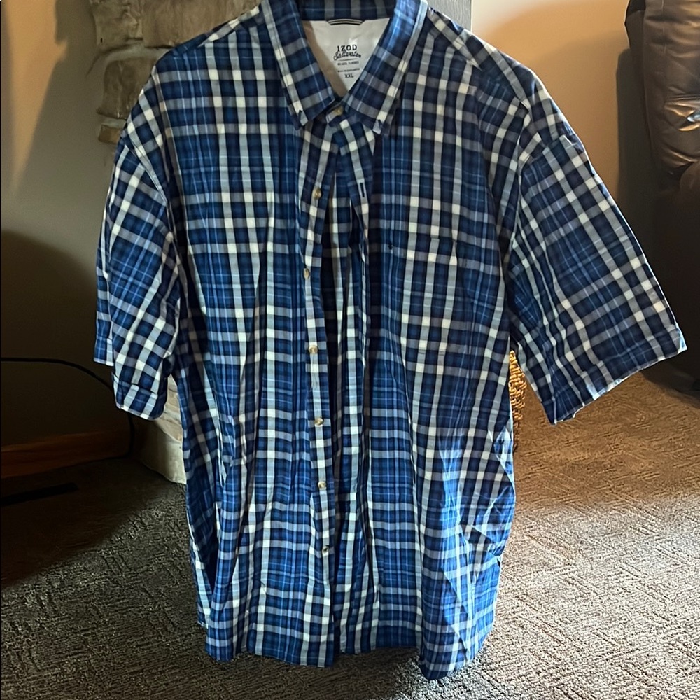 Izod Blue and White Plaid Casual Button Down Shirt